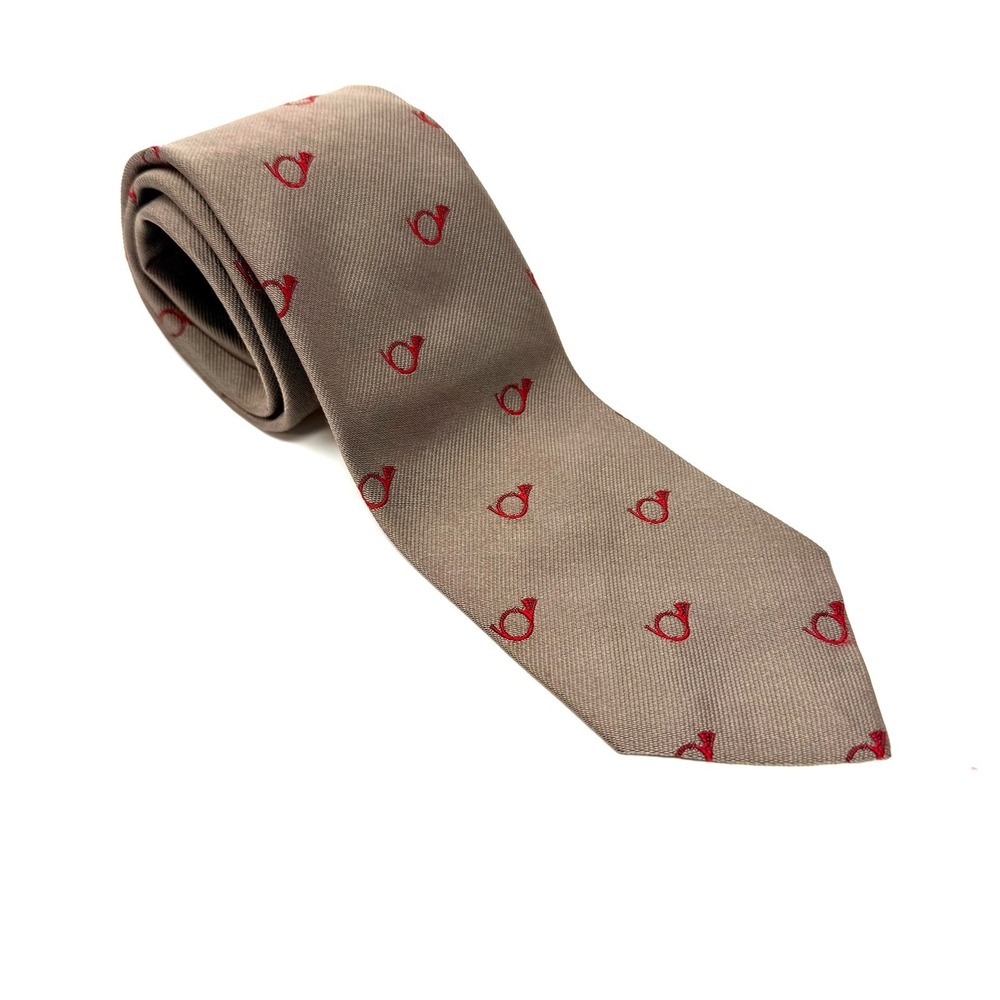 Kenneth Gordon 100% Silk Club‎ Tie Men's Tan Red French Horn Motif Hand Sewn